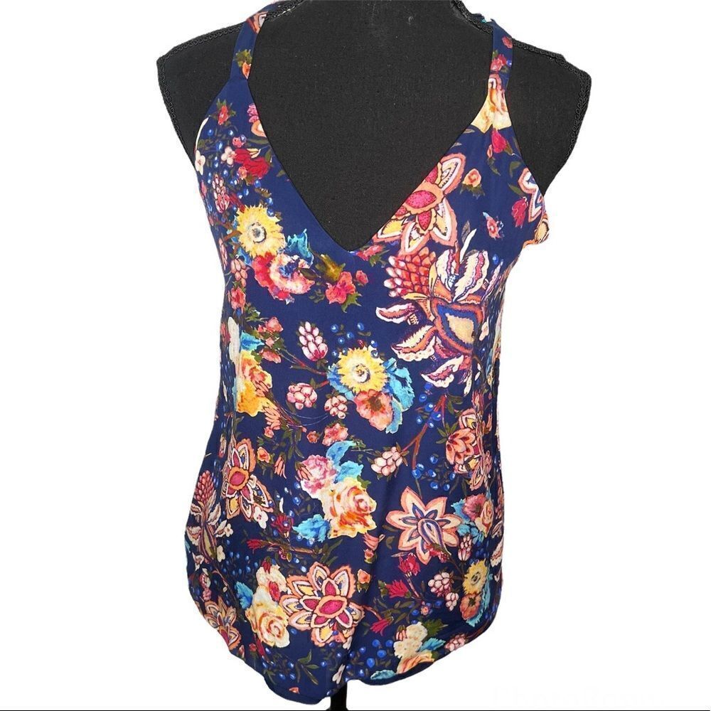 Haute Hippie Sleeveless Halter Neck Floral Dark Blue Silk Summer Top Sz Small